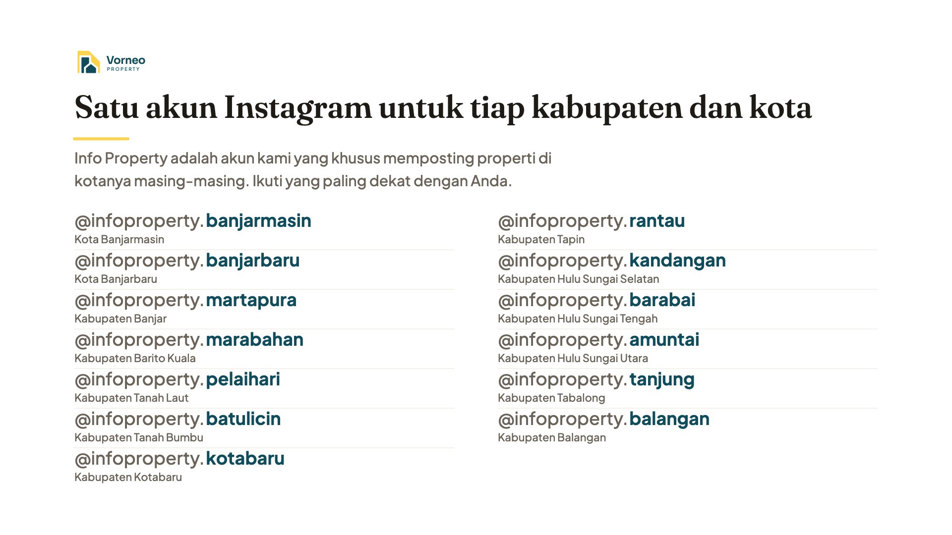 Vorneo Membuka Akun Instagram Info Property untuk 13 Kabupaten dan Kota di Kalimantan Selatan
